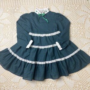 Vintage 1980s Her Majesty Girls 5 Years Green Plaid Twirly Long Sleeve Dress